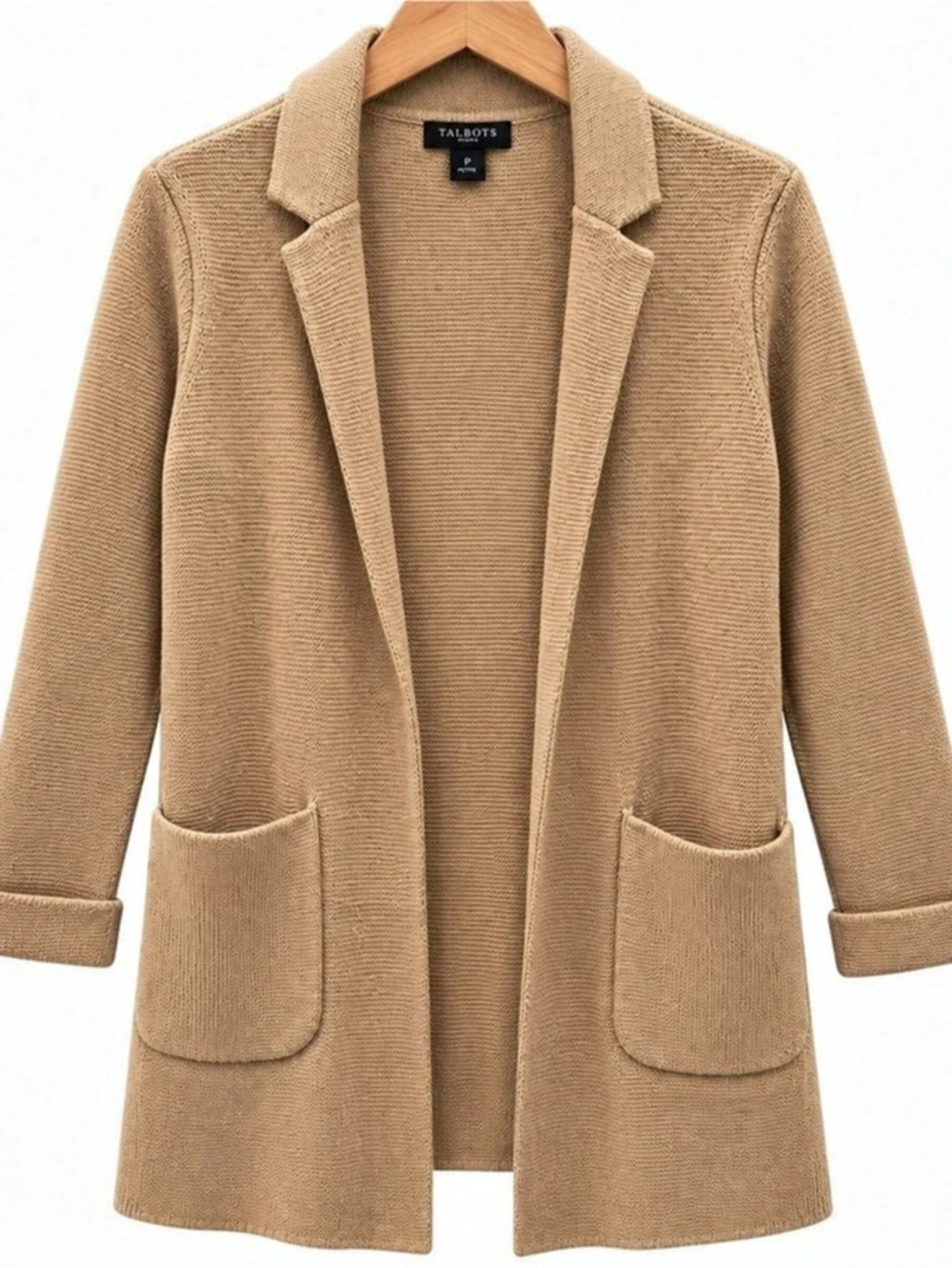 Talbots Petites Wool Blend Knit Blazer Cardigan Camel Tan P